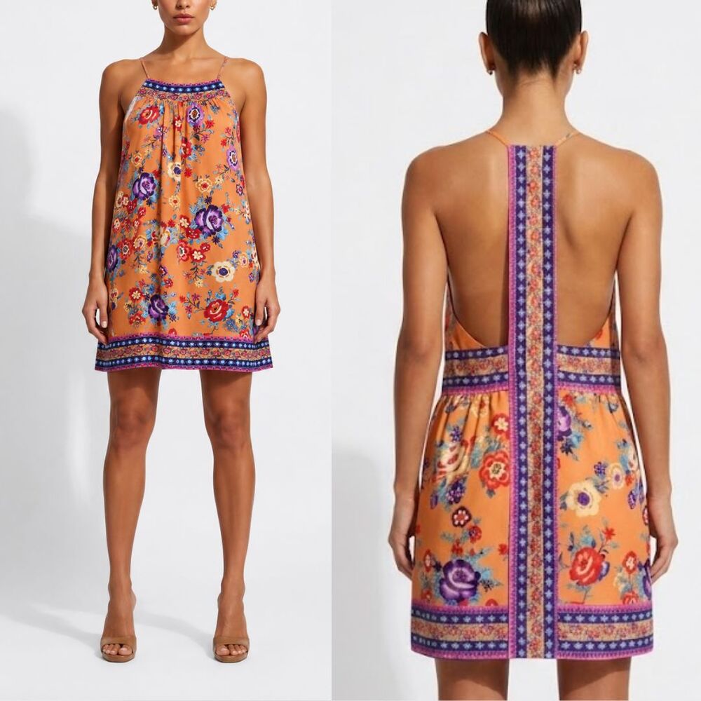 Floral Boho Halter Mini Dress Womens M Peach Orange Open Back Festival Resort
